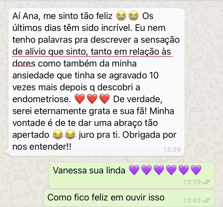 Mensagem de paciente: sensação de alívio em relação às dores e à ansiedade.